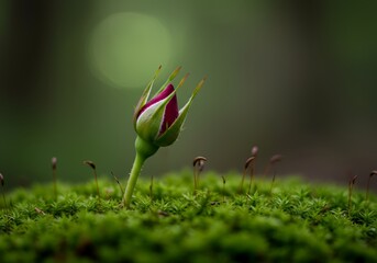 Rosebud Emerging from Moss A Symbol of New Beginnings