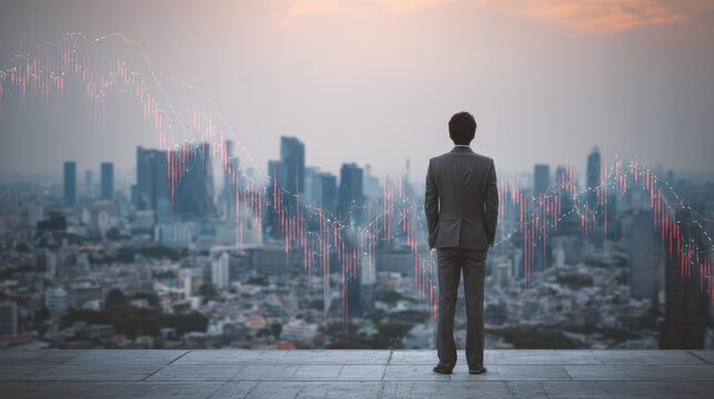 A businessman overlooks a cityscape at sunset, symbolizing ambition and future endeavors in a corporate world.