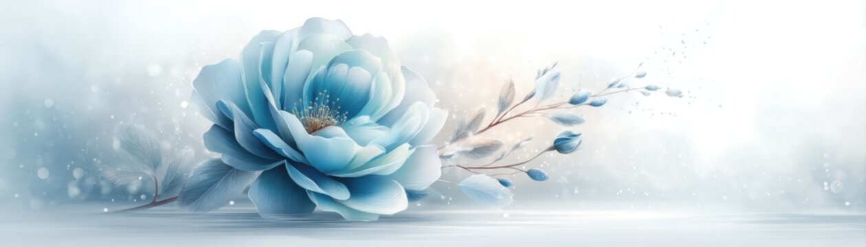 A large, delicate blue flower with soft petals blooms alongside light branches against a serene, misty background with subtle bokeh effects.
