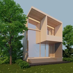 A small house in a minimalist style, beige tone, high and half-storey with large glass windows and a surrounding area with a lawn and green bushes.3d render