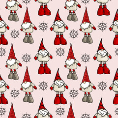 Santa Gnomes Seamless Pattern on Pink. Seamless pattern with cartoon Santa gnomes, snowflakes, and festive hats on a soft pink background