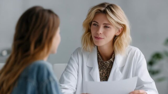 Two females in a clinic setting, one of whom is a healthcare provider with clipboard.