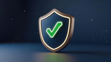 Digital shield icon with a green checkmark symbolizing cybersecurity protection and data security in a futuristic space background with glowing stars and a dark blue sky