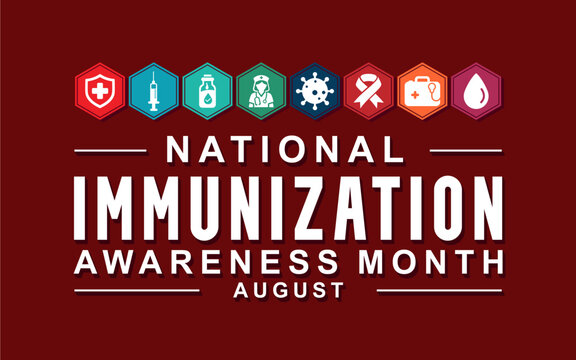 National Immunization Awareness Month. August celebrates immunization month with a banner or poster featuring icons of various medical devices, nurses, and ribbons. Best for banners, posters, card.