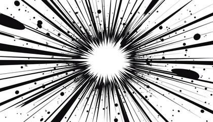 Abstract graphic illustration of a burst or explosion effect, with radiating lines and scattered dots on a white background.