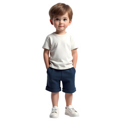 A young boy stands wearing a white shirt and blue shorts isolated on transparent background