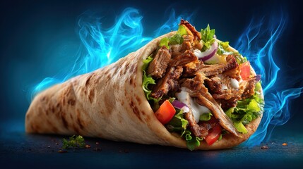 Ultra quality image of hot mouth watering image of yummy shawarma with blue background, food advertisement background.