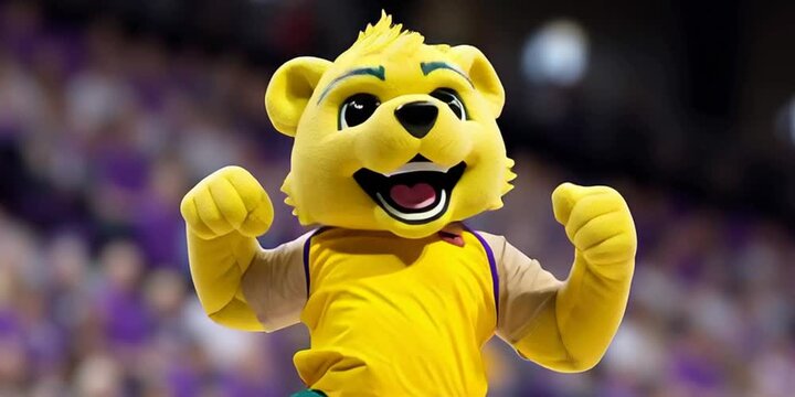 Sports mascot is cheering on his championship team during the big athletics game event