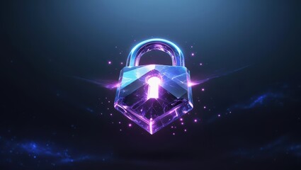 Futuristic glowing digital padlock with neon light effects symbolizing cybersecurity technology and data protection in a dark cosmic background