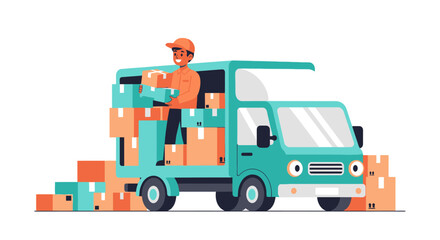 Fototapeta premium Delivery Truck with Boxes and Courier Delivering Packages Illustration.