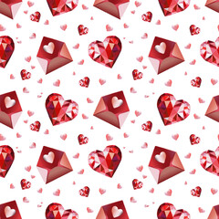 Seamless pattern with red heart-shaped gemstones and love-themed icons on white background