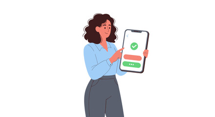 Woman Holding Smartphone with Checkmark Modern Digital Interface.