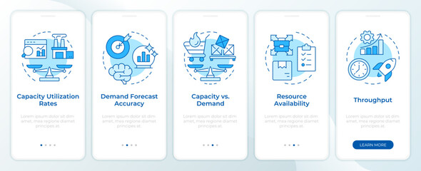 Capacity management metrics blue onboarding mobile app screen. Business. Walkthrough 5 steps editable graphic instructions with linear concepts. UI, UX, GUI. Montserrat SemiBold, Regular fonts used