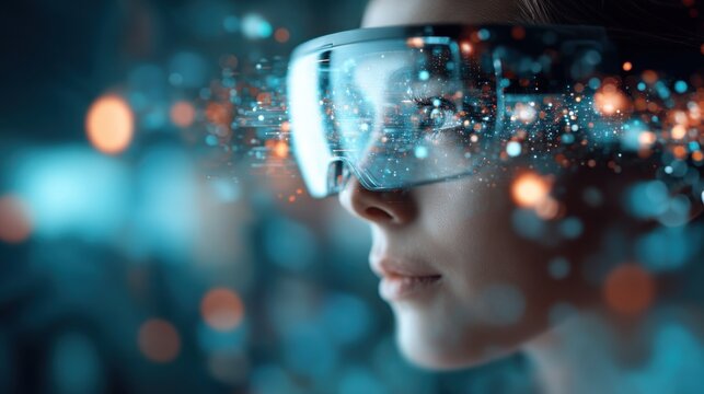 A close-up of a person wearing futuristic augmented reality glasses with digital holographic data and light effects overlaying the scene. - Powered by Adobe