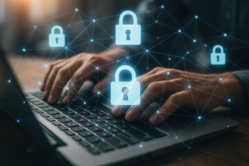Cyber Security: A visual representation of digital security, featuring a person's hands working on a laptop with glowing padlock icons representing data protection and network security.