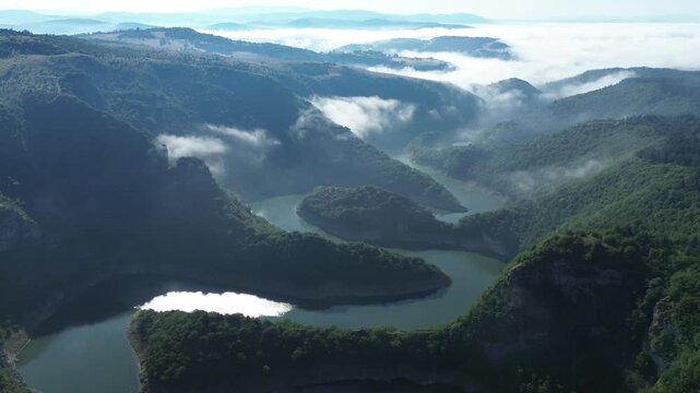 Aerial view of mountains and lake in Serbia ,nature reserve Uvac, view of the meanders