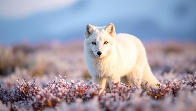 A stunning white fox gracefully sits amidst a vibrant field of blooming purple flowers, its fur contrasting beautifully with the colorful petals surrounding it. - Powered by Adobe