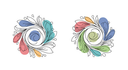 Decorative Swirl Floral Ornaments with Colorful Petal Accents and Delicate Line Art Details