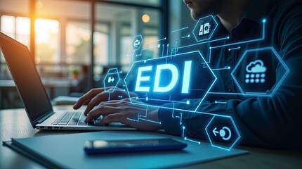 EDI, Electronic Data Interchange Concept. Businessman working on EDI icons, global data transfer, digital security, usage of laptop or technology 3d render