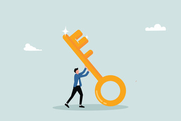 The key to business success, solutions to open career opportunities, aspirations or motivations towards success, challenges, entrepreneurs push the big golden key with full effort to solve problems.