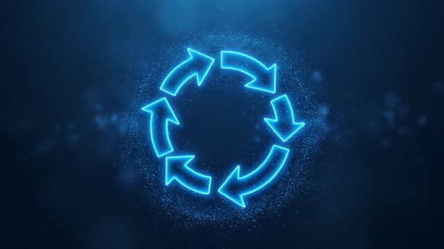 A glowing blue neon-like cycle of arrows on a dark blue background. Bubbles and particles add depth. Concept recurrence
