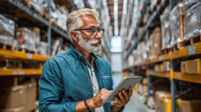 A focused elderly man using a tablet in a warehouse filled with products, showcasing modern logistics and technology.