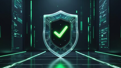 Futuristic security shield with check mark glowing in digital cityscape with neon green accents symbolizing safety protection and cybersecurity concept