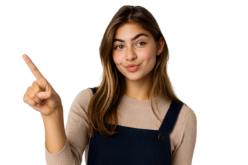 Confident Young Woman Pointing Upwards with Playful Expression – Transparent Background