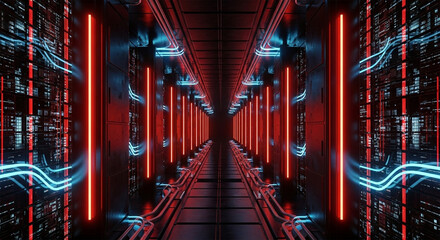 Futuristic server room corridor with glowing red and blue lights, leading to the vanishing point.