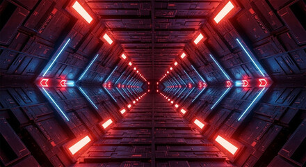 Abstract view of a futuristic tunnel with hexagonal shapes, illuminated by red and blue neon lights, creating a sense of depth and perspective.