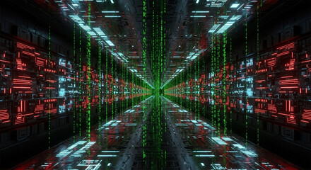 Abstract digital tunnel with green binary code cascading down, surrounded by intricate red, blue, and grey geometric patterns.