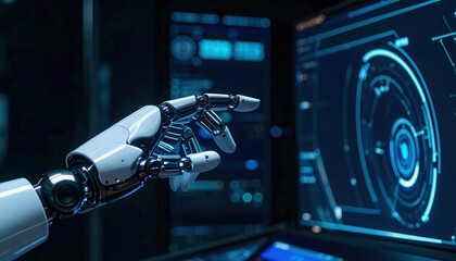 Futuristic robotic hand interacting with advanced digital interface displaying high-tech data graphs and holographic displays in a modern technology environment