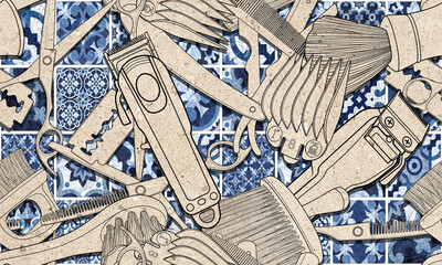 Obraz premium Seamless barber tools pattern illustration mixed textured background and wallpaper design. 