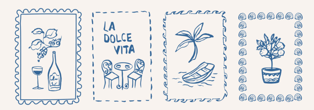 Vintage Italian postcard stamp collection. Retro poster, frame or border design