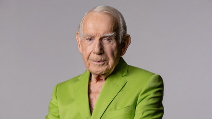 Portrait of an Elegant Elderly Man in a Bright Green Suit Against a Neutral Background, Displaying Confidence and Character