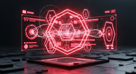 Red glowing holographic interface displays over a dark, futuristic circuit board.