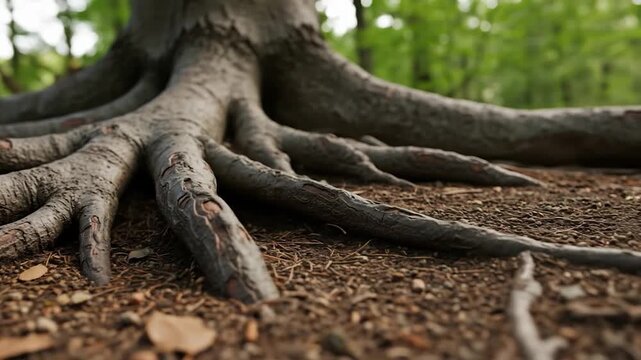 Close-up View of Intricate Tree Roots in Forest Floor