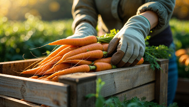 Farmer with freshly harvested carrots in a wooden crate on a sunny day in a garden.