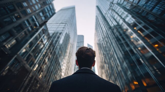 A man in a suit gazes up at towering glass buildings, symbolizing ambition and the corporate world.