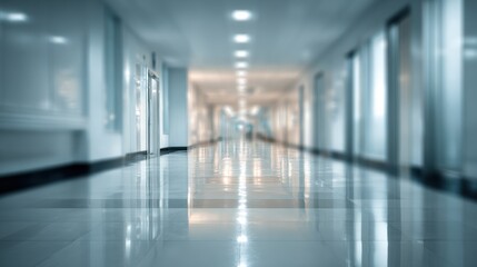 A modern corridor with sleek design, illuminated by bright lights, showcasing polished floors and minimalist style.