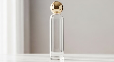 Elegant clear glass bottle with a golden spherical cap on white surface