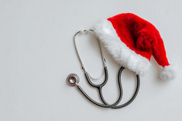 A stethoscope resting on a clean surface, topped with a festive red and white Santa hat, blending the themes of healthcare and holiday cheer.