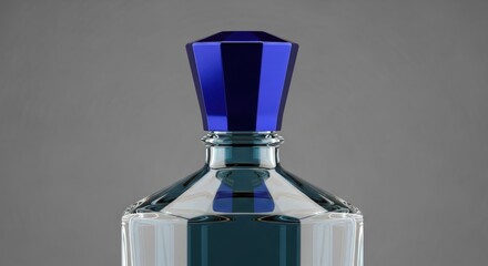Glass bottle with a blue faceted cap, studio shot against gray