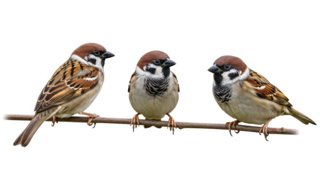 Three brown sparrows are perched side by side on a slender branch, showcasing their beautiful plumage against a solid background, transparent background