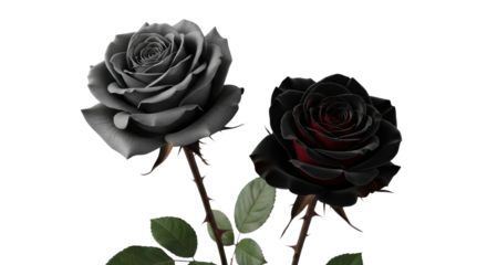 Two roses, one gray and the other black with red accents, isolated against a stark transparent background