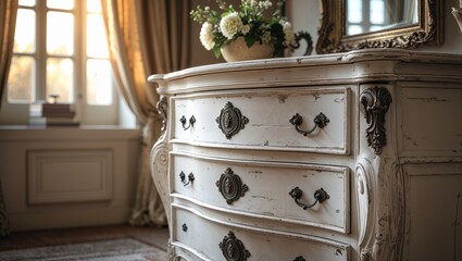 Elegant vintage chest of drawers with floral decor, bathed in warm sunlight.