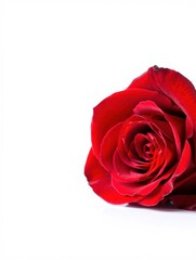 Close up of a vibrant red rose with delicate petals against a clean white background