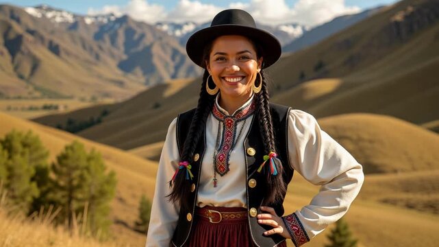 A proud Quechua woman smiles brightly, wearing traditional Pollera clothing amidst the stunning beauty of the Andean Mountains in glorious sunlight.