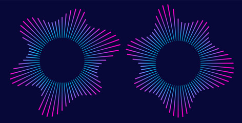 Sound equalizer icons with lines, gradient neon circular sound wave frames, abstract radial music icons. Audio beat symbol concept isolated on dark background. Vector illustration.