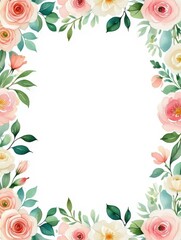 Fototapeta premium Elegant watercolor floral border with soft pink and cream roses and green leaves
